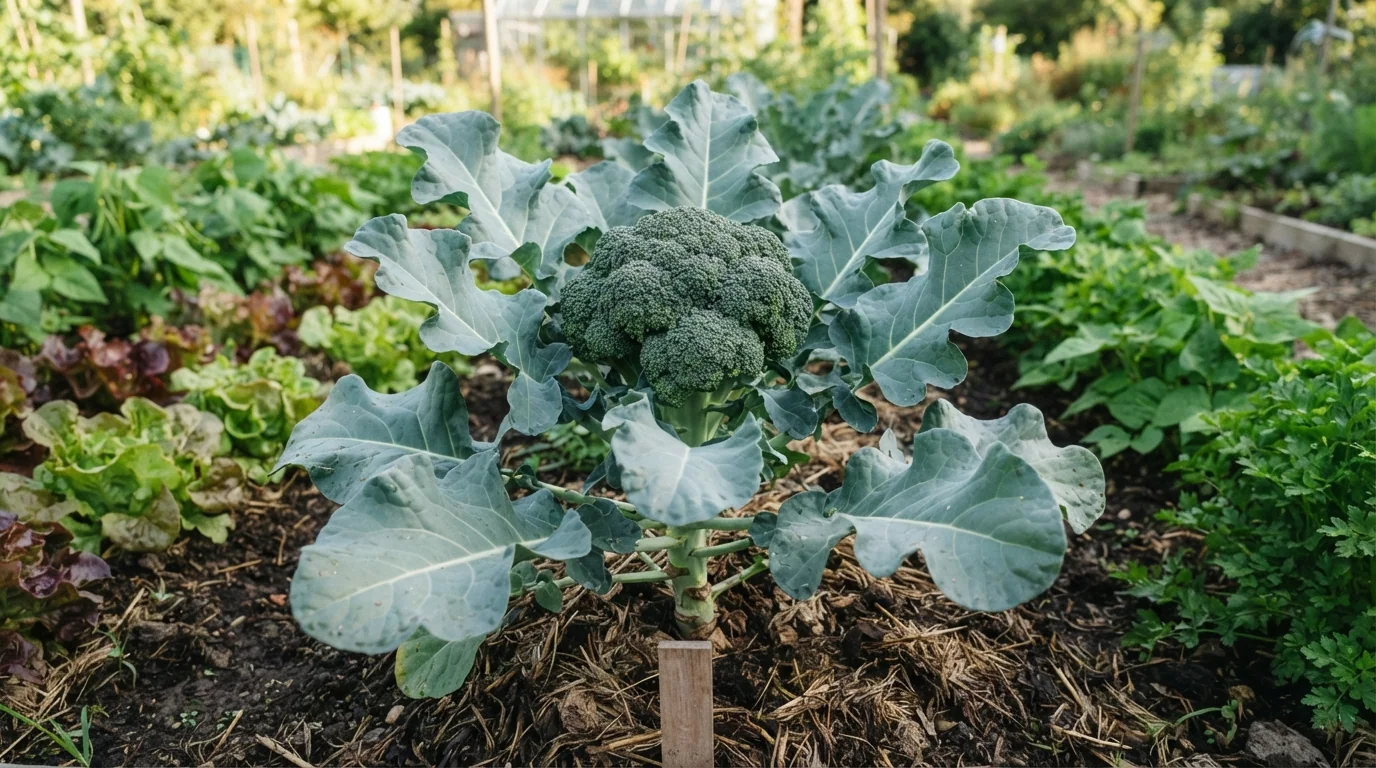 Капуста брокколи на грядке с плотной зелёной головкой и крупными листьями