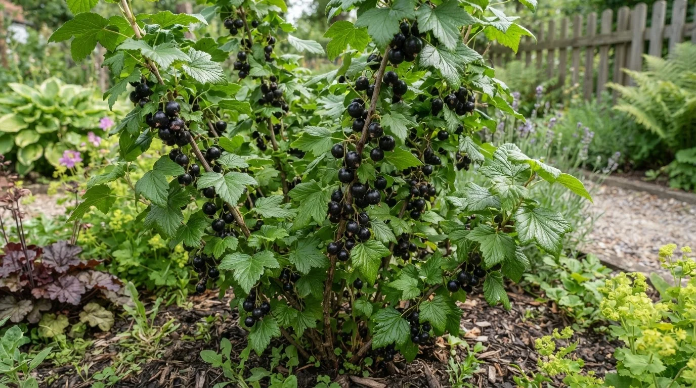 Куст йошты с тёмными ягодами в саду