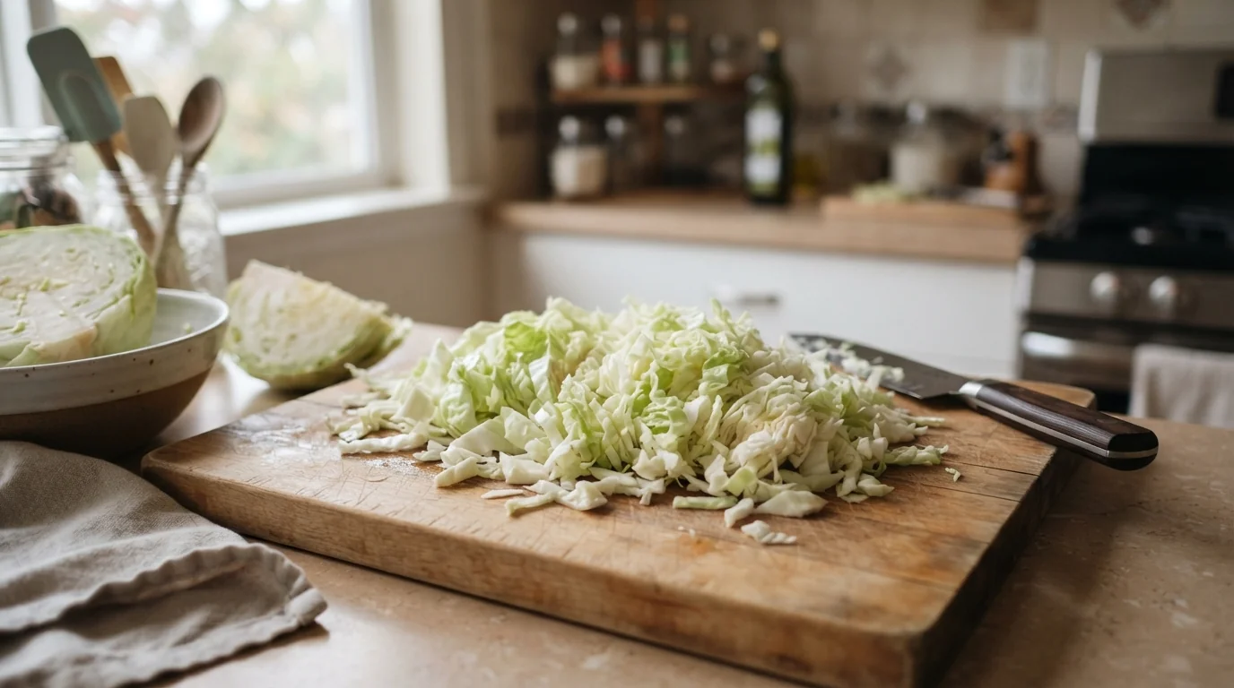 Нарезанная белокочанная капуста перед заморозкой на кухонной доске