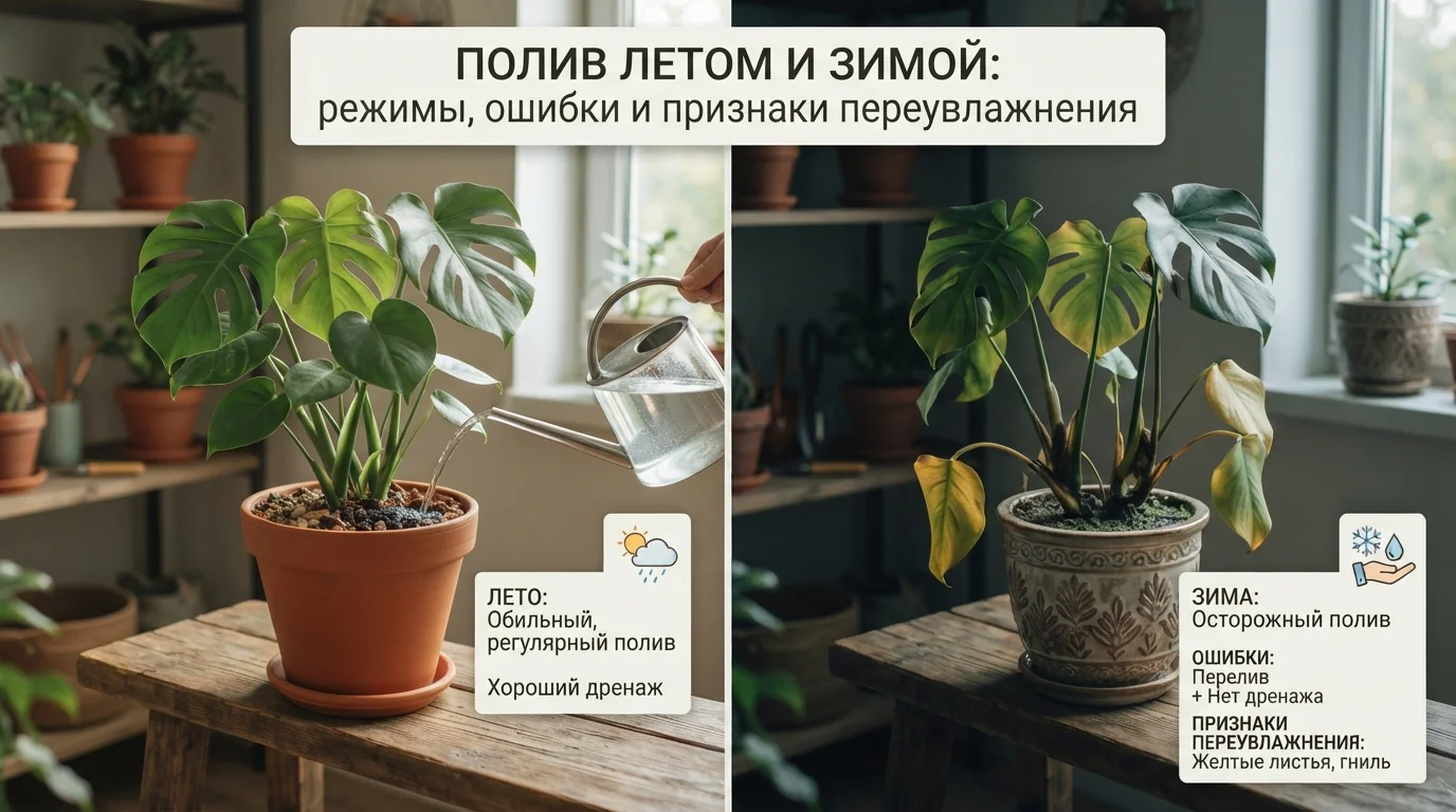Полив летом и зимой: режимы, ошибки и признаки переувлажнения
