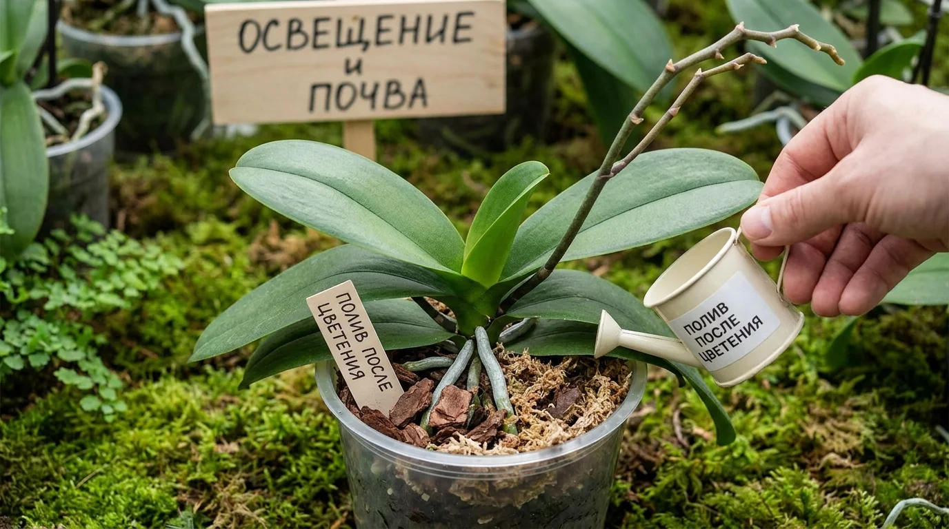 Полив, освещение и почва после цветения орхидеи