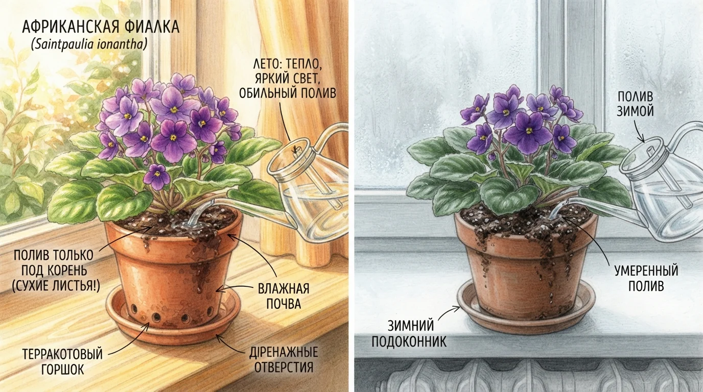 Полив растения с фиолетовыми цветками летом и зимой