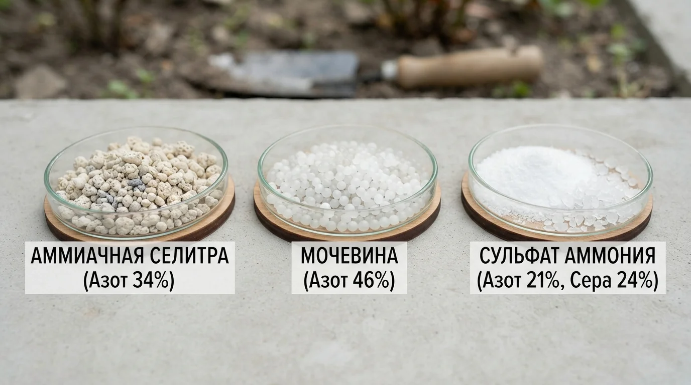 Разные виды азотных удобрений для сада и огорода на нейтральном фоне