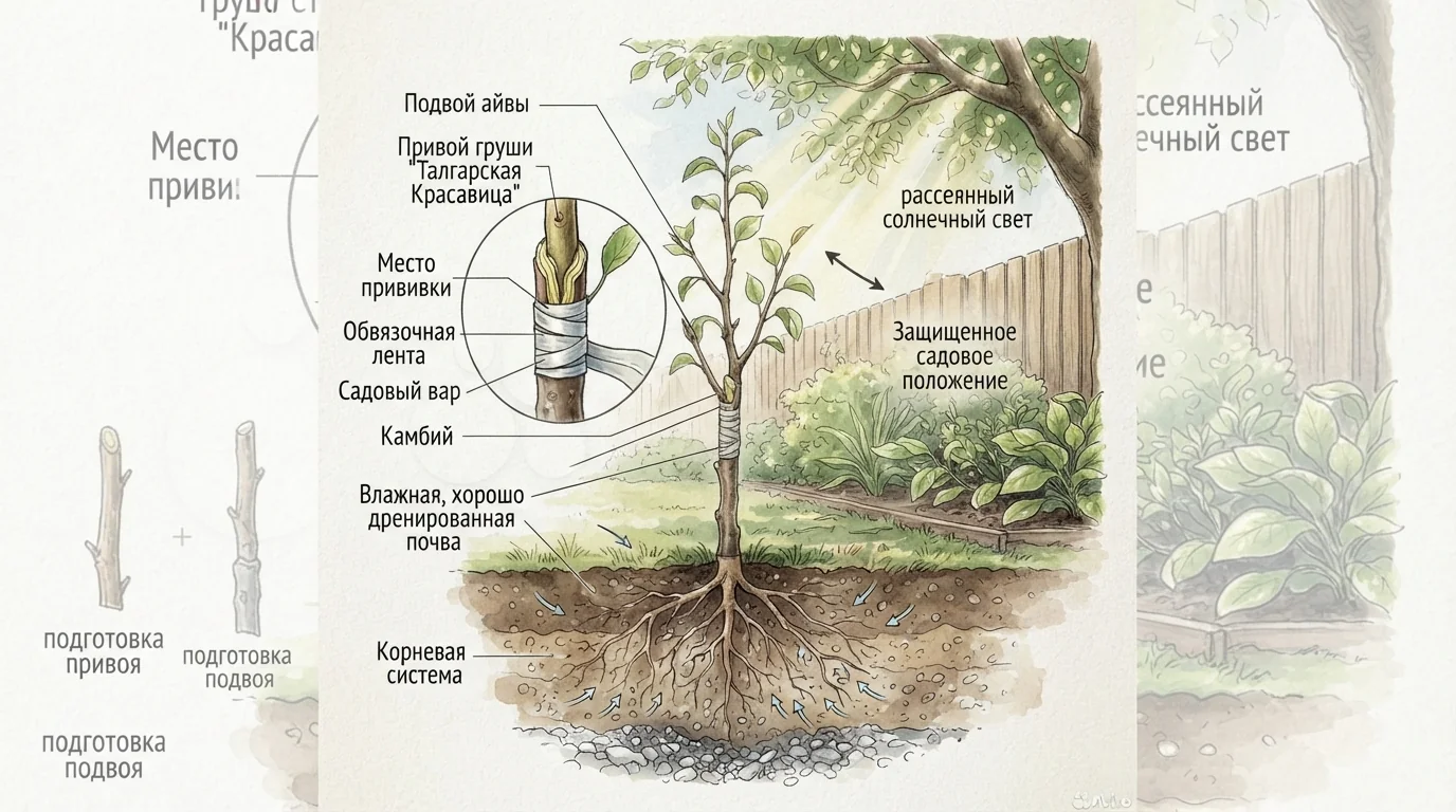 Схема условий для прививки груши и яблони: влажная почва, рассеянный свет и защищённое место в саду