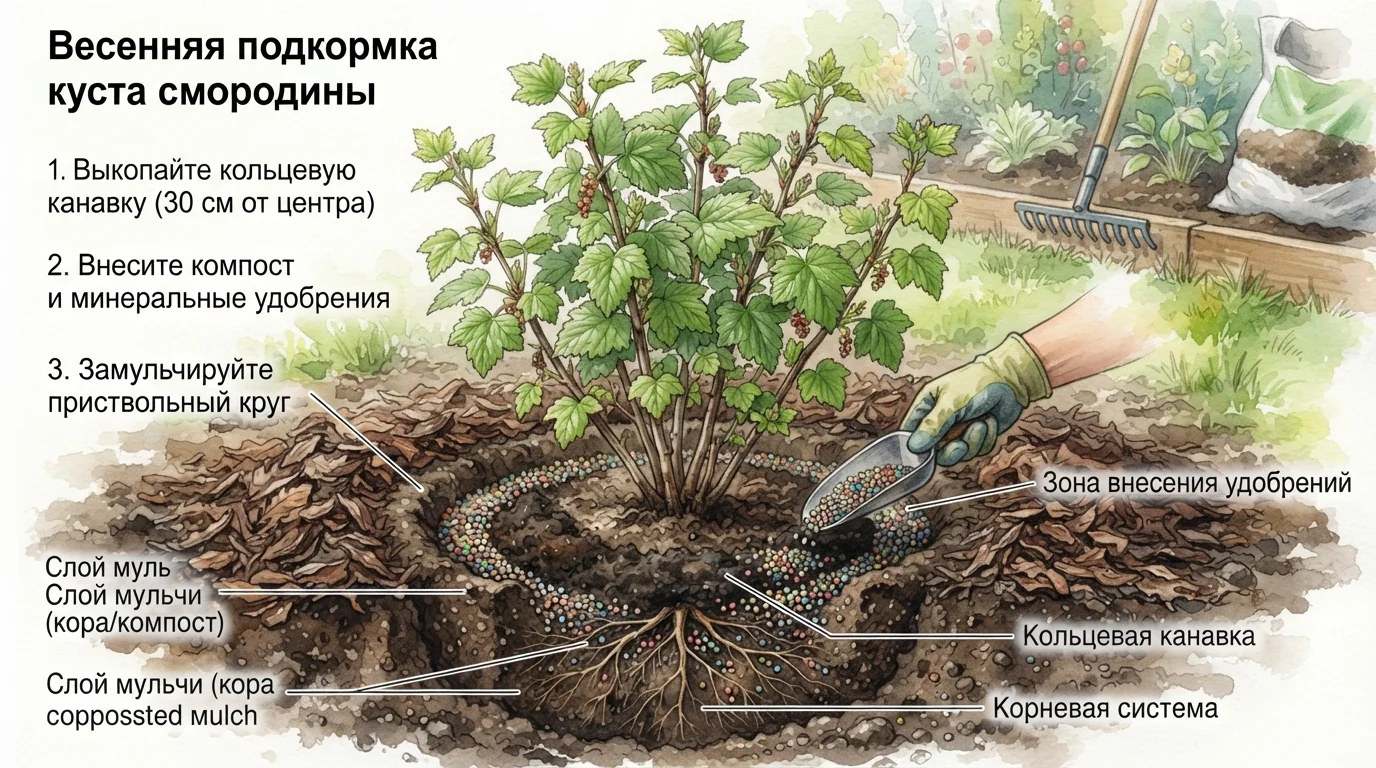 Схема внесения удобрений под куст смородины весной