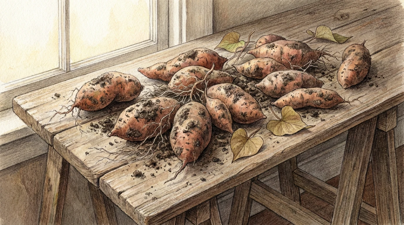 Выкопанные клубни батата, разложенные для просушки на деревянном столе